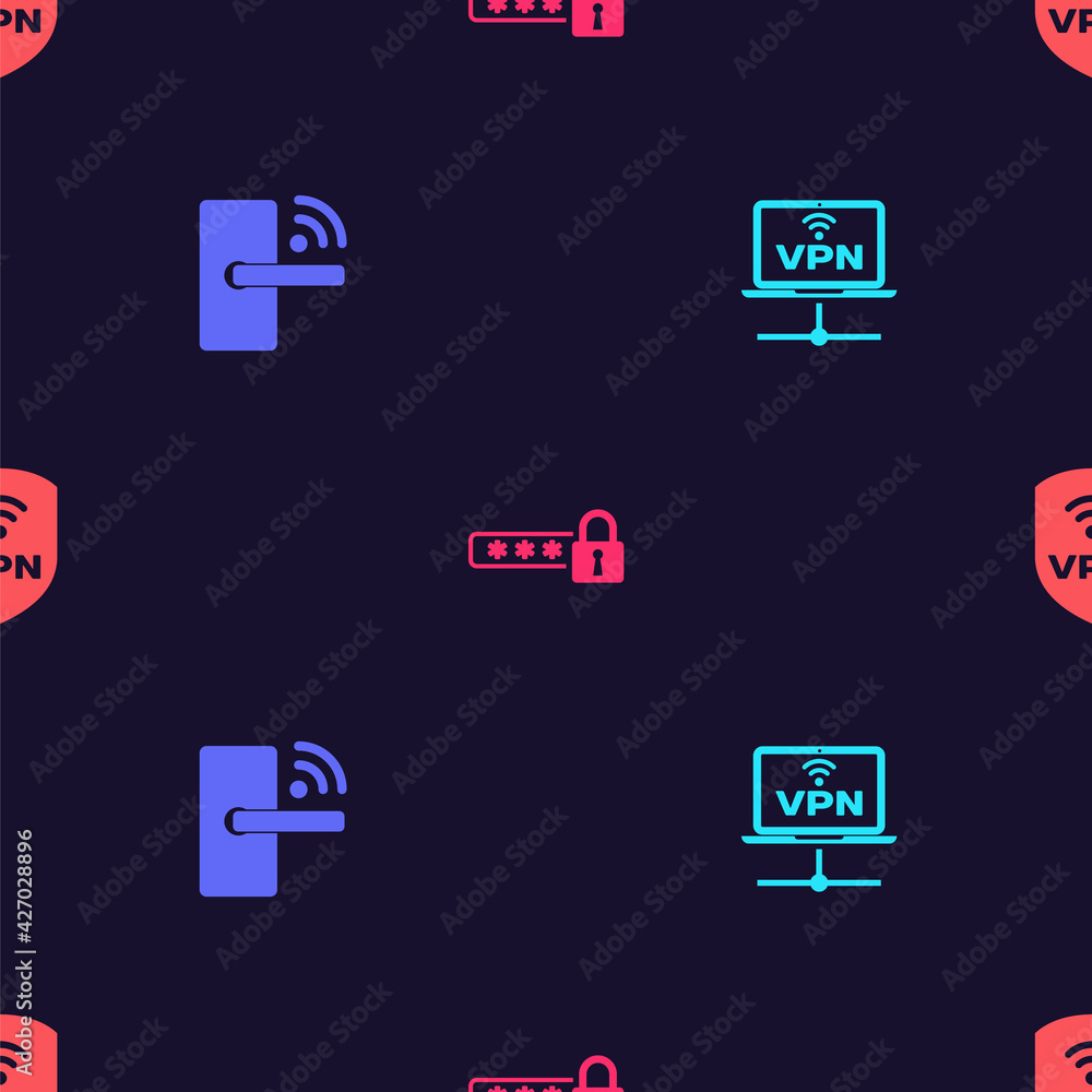 Set VPN Computer network, Digital door lock with wireless, Password protection and Shield on seamless pattern. Vector