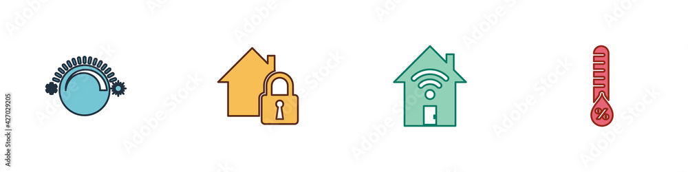 Set Thermostat, House under protection, Smart home with wi-fi and Humidity icon. Vector Set Thermostat, House under protection, Smart home with wi-fi and Humidity icon. Vector