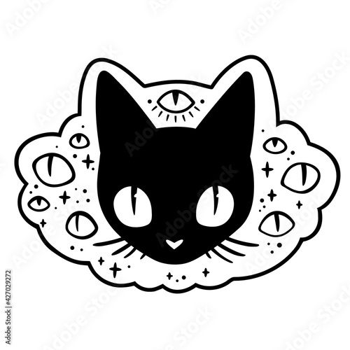 black cartoon cat head with many eyes