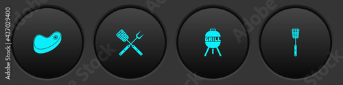 Set Steak meat, Crossed fork and spatula, Barbecue grill and icon. Vector