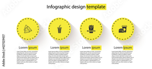 Set Nachos, Glass with water, Burrito and Coffee and burger. Business infographic template. Vector