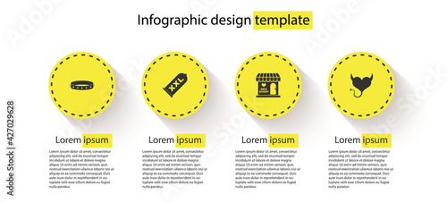 Set Leather fetish collar, Condom safe sex, Sex shop building and Devil heart with horns. Business infographic template. Vector