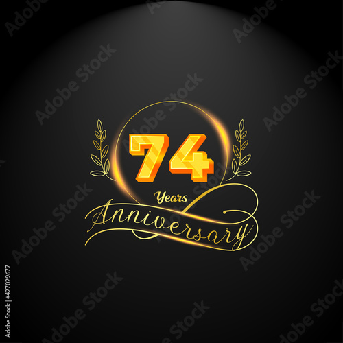 Elegant golden 74 years anniversary logo template. luxury retro vintage style. vector illustration