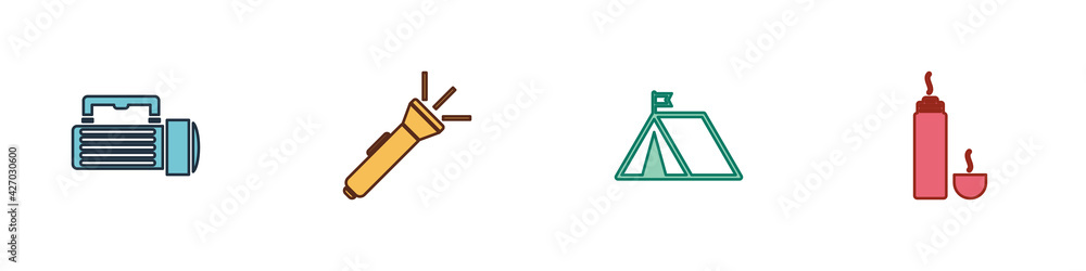 Set Flashlight, , Tourist tent with flag and Thermos container icon. Vector Set Flashlight, , Tourist tent with flag and Thermos container icon. Vector