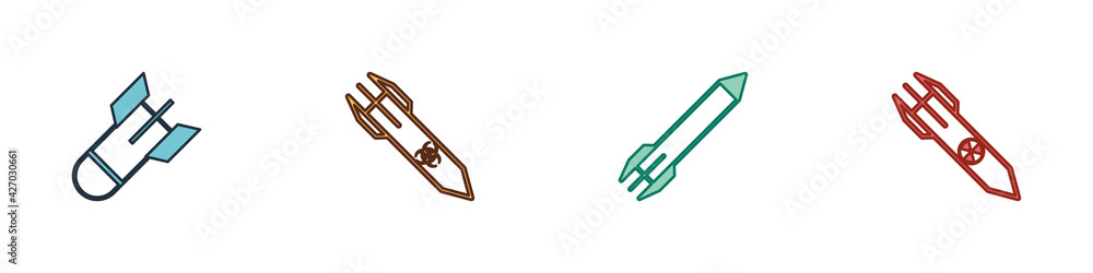 Set Aviation bomb, Biohazard rocket, Rocket and Nuclear icon. Vector Set Aviation bomb, Biohazard rocket, Rocket and Nuclear icon. Vector