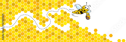 ABEILLE AVEC UN POT DE MIEL ET FOND D'ALVÉOLES