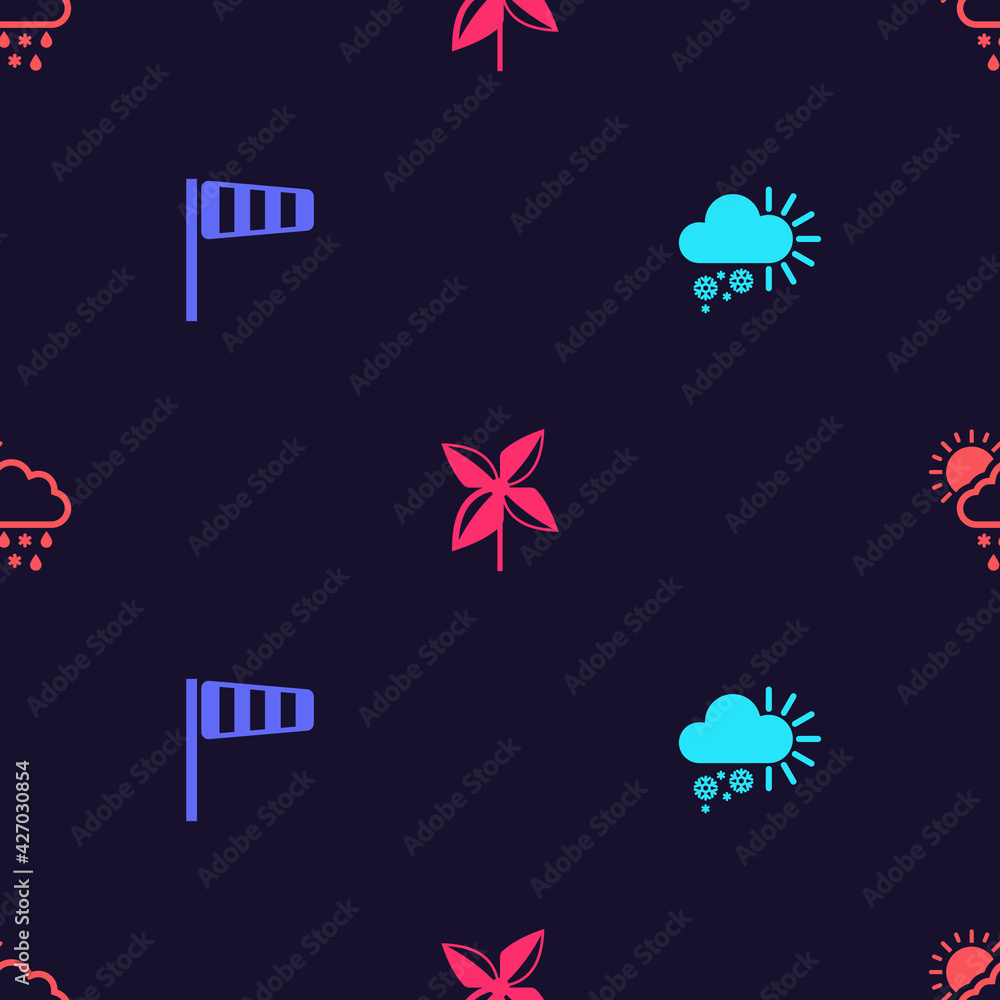 Set Cloudy with snow, Cone windsock wind vane, Pinwheel and rain, sun on seamless pattern. Vector Set Cloudy with snow, Cone windsock wind vane, Pinwheel and rain, sun on seamless pattern. Vector