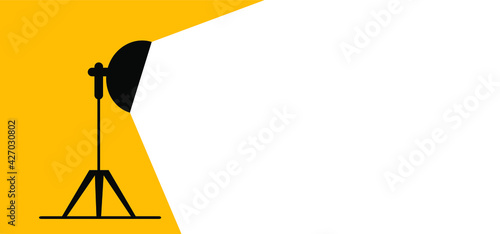 Tripod hotostudio lamp. Spotlight concept. vector photo studio flashes. Light bulb icon. Brilliant ideas  lightbulb pictogram banner White cubes flashlight. Lighting sign. Photographer.