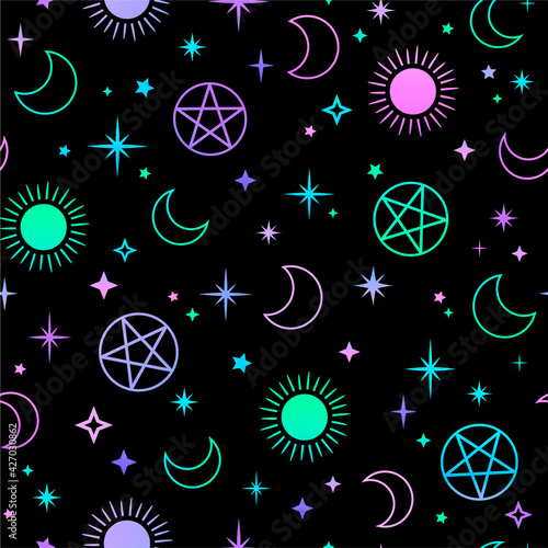 mystical esoteric pattern with sun, moon and magic symbols