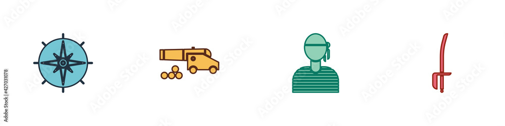 Set Wind rose, Cannon with cannonballs, Sailor captain and Pirate sword icon. Vector Set Wind rose, Cannon with cannonballs, Sailor captain and Pirate sword icon. Vector