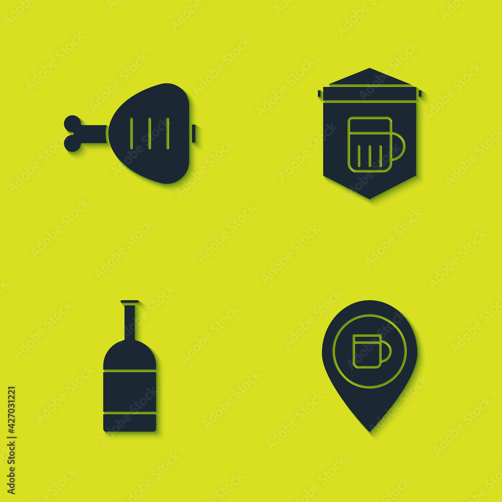 Set Chicken leg, Alcohol or beer bar location, Beer bottle and Signboard with glass of icon. Vector Set Chicken leg, Alcohol or beer bar location, Beer bottle and Signboard with glass of icon. Vector