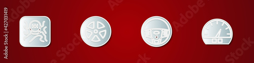Set Gear shifter, Car wheel, Steering and Speedometer icon. Vector