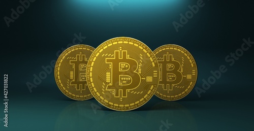 three gold bitcoins on blue reflective surface, 3d Rendering photo