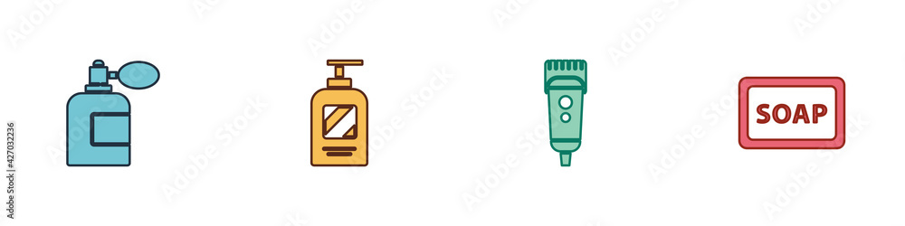 Set Aftershave bottle with atomizer, Bottle of shampoo, Electrical hair clipper or shaver and Bar soap foam icon. Vector Set Aftershave bottle with atomizer, Bottle of shampoo, Electrical hair clipper or shaver and Bar soap foam icon. Vector