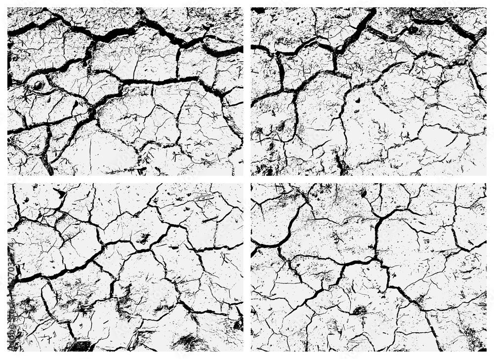 Set Of Cracked Earth Textures. Black And White Texture. Cracks On The 