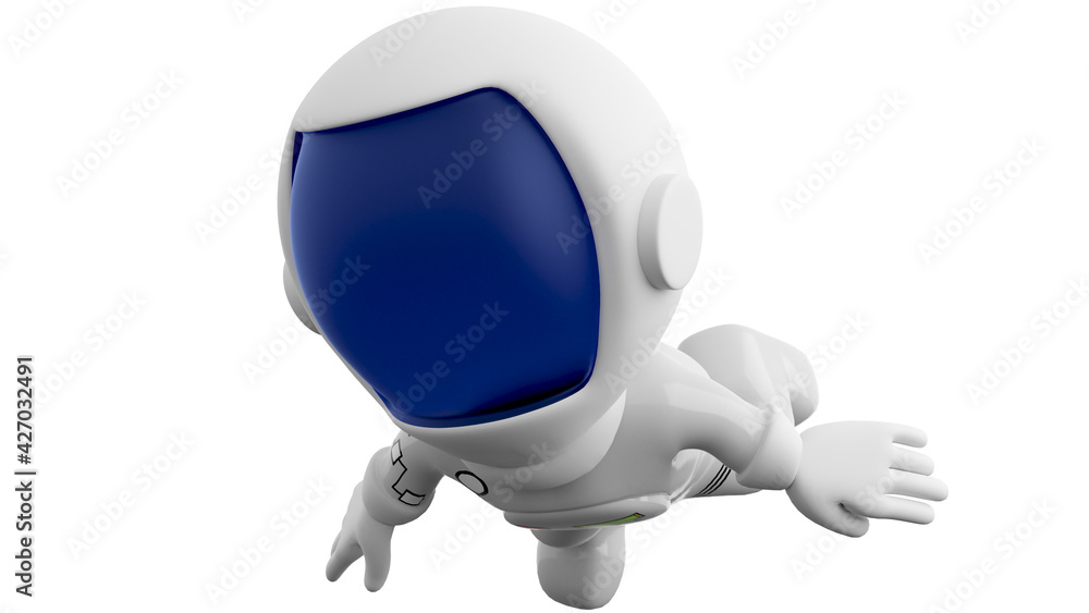 3D Cartoon Astronaut Flying in Space. An astronaut is a person trained, equipped, and deployed by a human spaceflight program to serve as a commander or crew member aboard a spacecraft. - obrazy, fototapety, plakaty 