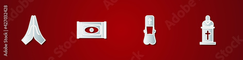 Set Hands in praying position, Traditional carpet, Priest and Church pastor preaching icon. Vector