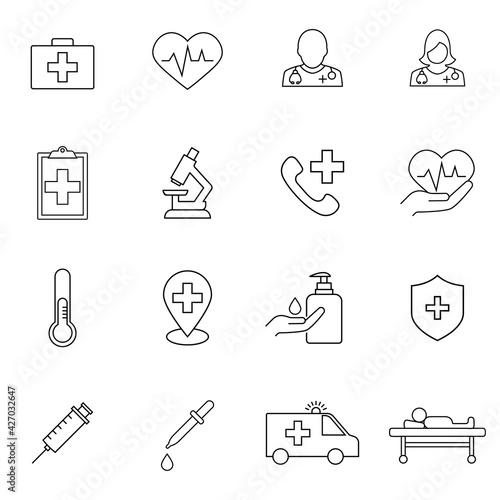 Medicine and hospital thin line icons set. Medical services, ambulance, health care tools, pharmacology, reanimation. Outline signs. Web design, mobile app.