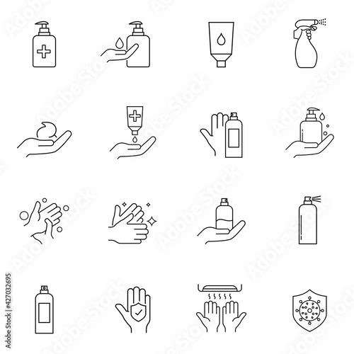 Antiseptics and Antivirus Protection Icon Set. Collection of linear simple web icons such as Anti-Virus Protection, Нand Hygiene, Soap, Antiseptic. Outline Signs. Web Design, Mobile App. Eps10