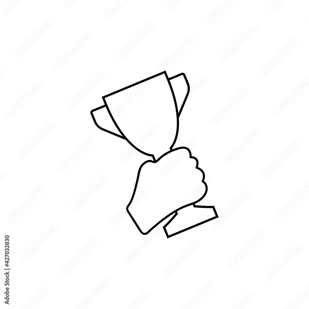Winning award line icon. Cup in human hand. Success concept. Vector illustration can be used for topics like win, triumph, prize, trophy. Outline signs. Web design, mobile app. Vector illustration. Winning award line icon. Cup in human hand. Success concept. Vector illustration can be used for topics like win, triumph, prize, trophy. Outline signs. Web design, mobile app. Vector illustration.