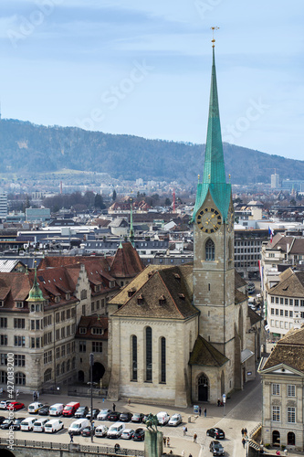 Zurich, Switzerland - March 26. 2021: Church of Fraumuenster Zuerich Switzerland. This church is famous with the windows stained glass by Marc Chagall.