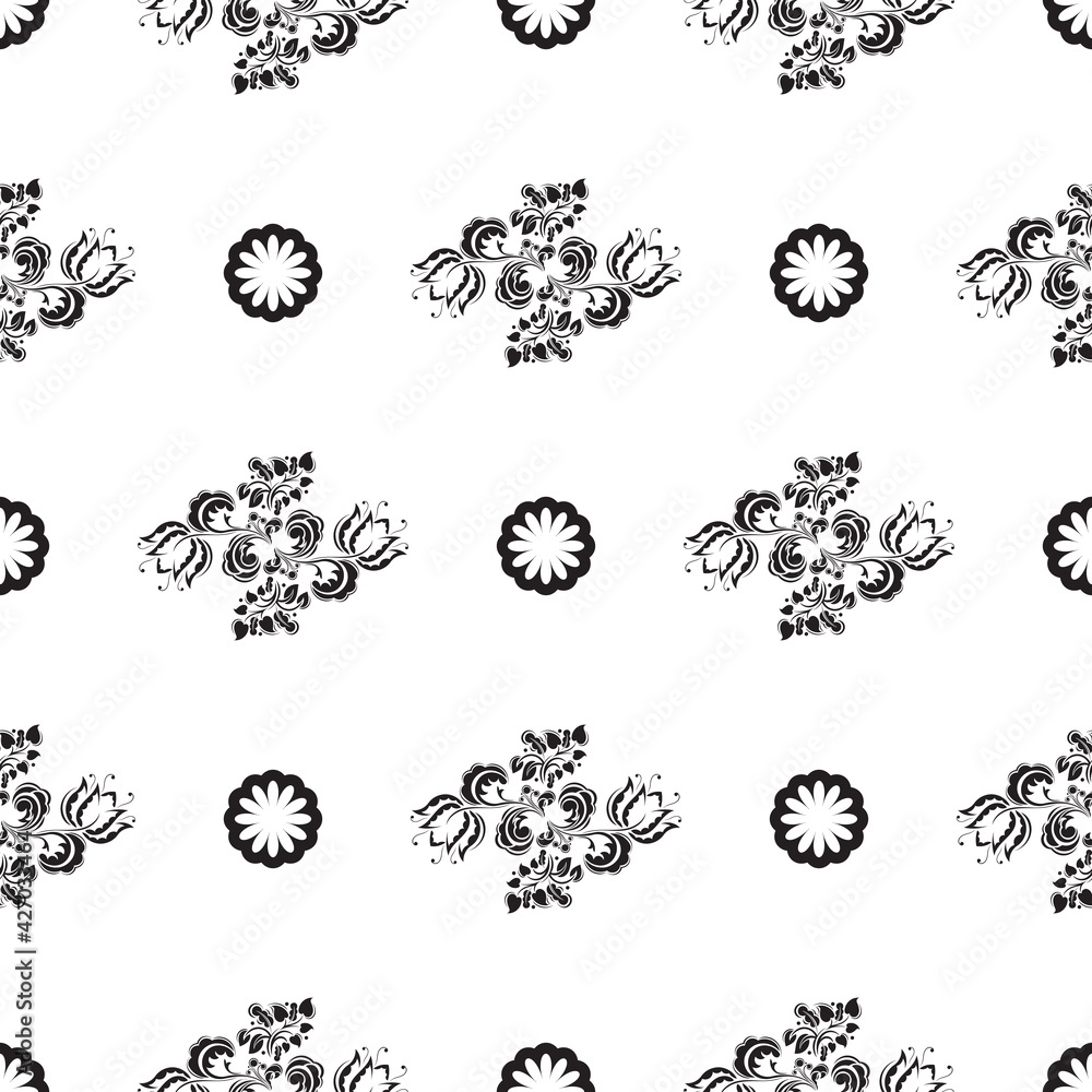 Seamless black and white pattern with flowers and monograms in Simple style. Good for menus, postcards, books, murals and fabrics. Vector illustration.