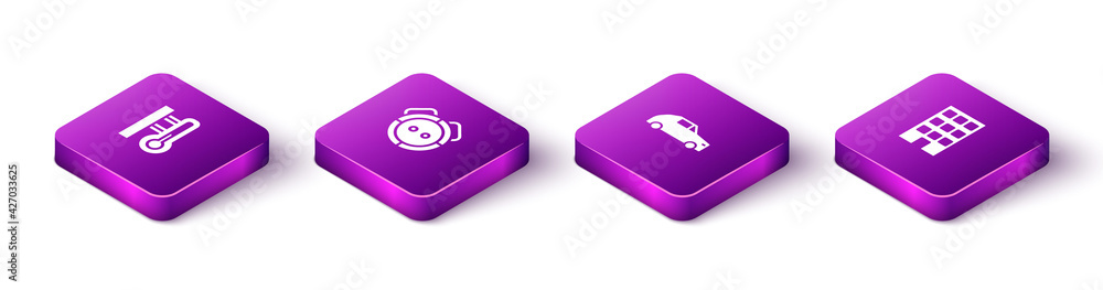 Set Isometric Meteorology thermometer, Robot vacuum cleaner, Car and House icon. Vector Set Isometric Meteorology thermometer, Robot vacuum cleaner, Car and House icon. Vector