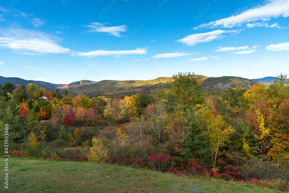 Beautiful mountain landscape covered in deciduous forest at the peak of fall foliage on a clear autumn morning