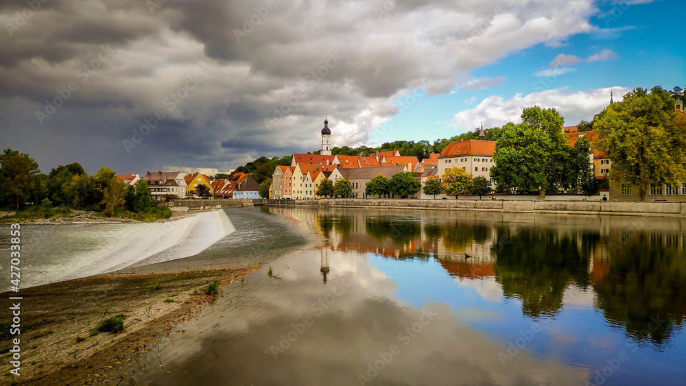 View of Lech weir and the historic centre of Landsberg am Lech