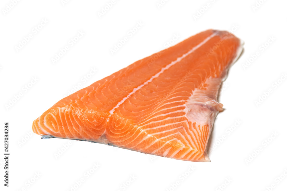 Fillet of salmon meat isolated on white background. Horizontal slice of a fish carcass.
