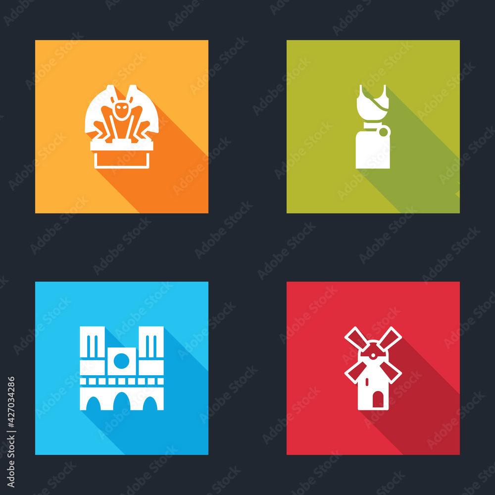 Set Gargoyle on pedestal, Woman dress, Notre Dame and Windmill icon. Vector