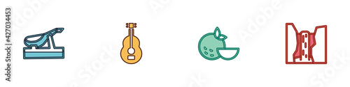 Set Spanish jamon, guitar, Orange fruit and Algar waterfall icon. Vector