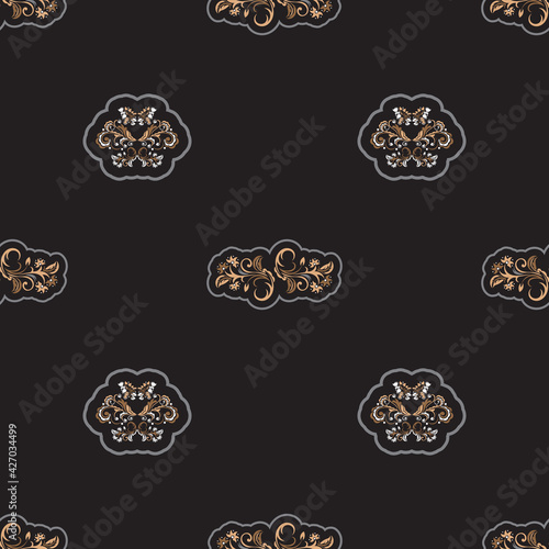 Seamless presentable pattern with flowers and monograms in simple style. Good for menus, postcards, books, murals and fabrics. Vector