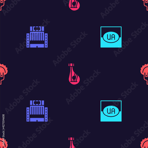 Set Flag of Ukraine, Hotel Ukraina building, Bandura and Dumplings on fork on seamless pattern. Vector