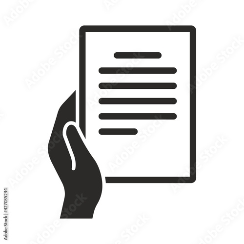 Document icon. Submit. Application form in hand. Reading a letter. Vector icon isolated on white background.
