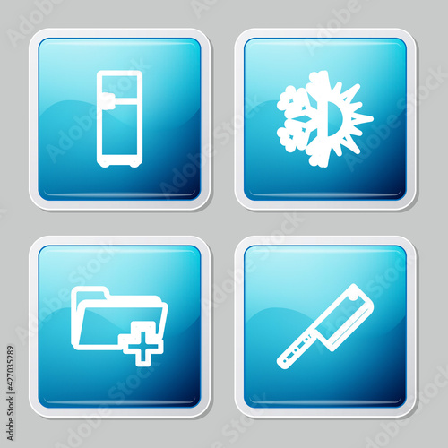 Set line Refrigerator, Sun and snowflake, Add new folder and Meat chopper icon. Vector