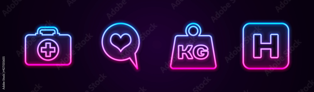 Set line First aid kit, Heart in speech bubble, Weight and Hospital. Glowing neon icon. Vector Set line First aid kit, Heart in speech bubble, Weight and Hospital. Glowing neon icon. Vector