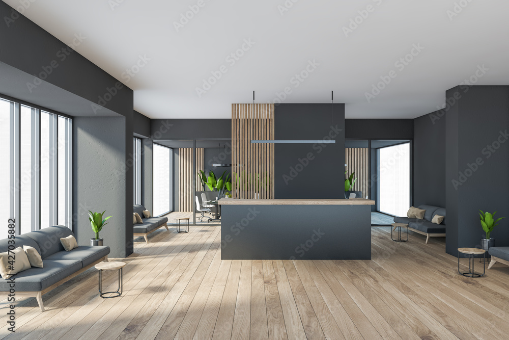Obraz premium Dark modern minimalist office room interior with cozy couches
