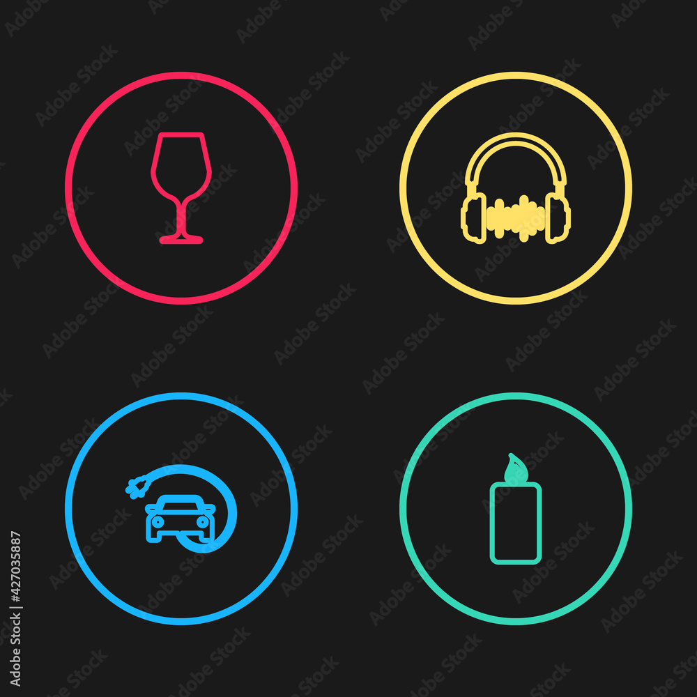 Set line Electric car, Burning candle, Headphone sound waves and Wine glass icon. Vector Set line Electric car, Burning candle, Headphone sound waves and Wine glass icon. Vector