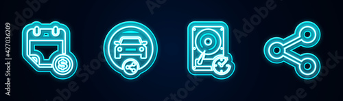 Set line Financial calendar, Car sharing, Hard disk drive with clockwise and Share. Glowing neon icon. Vector