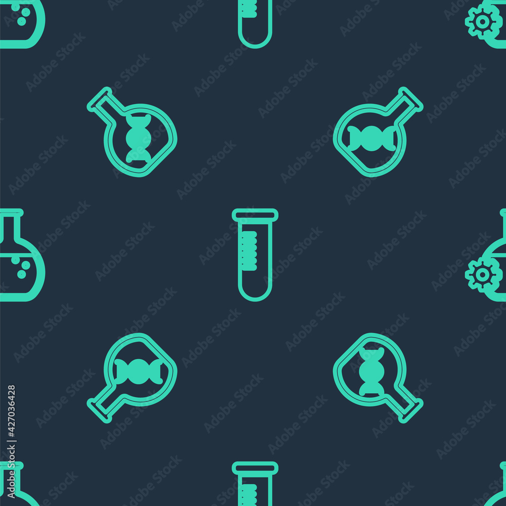 Set line Test tube or flask, DNA research, search and Bioengineering on seamless pattern. Vector