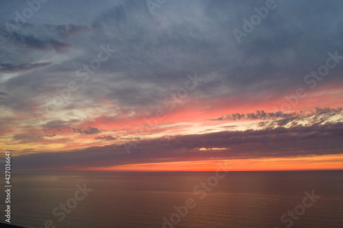 Beautiful orange sunset view from drone