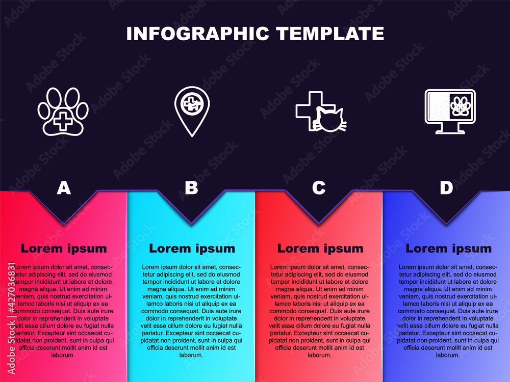 Set line Veterinary clinic, Location veterinary, and Clinical record pet monitor. Business infographic template. Vector
