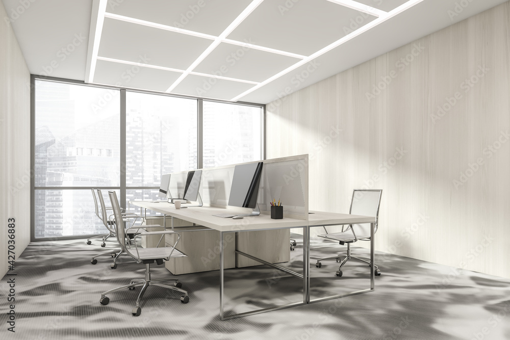 Fototapeta premium Business room interior with armchairs and computers, city view