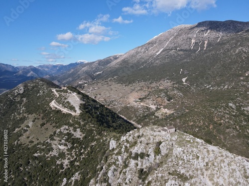 Aerial view Of historical kougi mountains and agia paraskevi church of souli In epirus  greece