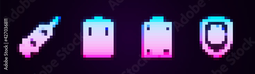 Set line Syringe with pet vaccine, Clinical record, Veterinary medicine hospital and Animal health insurance. Glowing neon icon. Vector