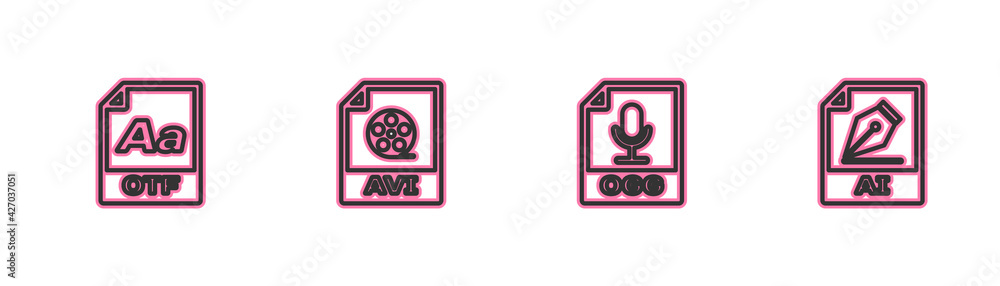 Set line OTF file document, OGG, AVI and AI icon. Vector Set line OTF file document, OGG, AVI and AI icon. Vector