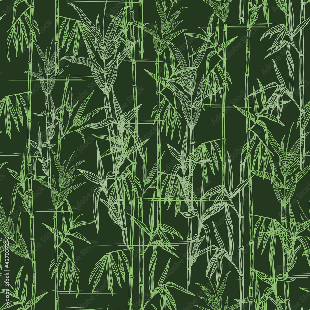 Naklejka premium Seamless pattern of bamboo stems and leaves. Hand-drawn in pen and ink plant contours. Bamboo forest on dark green background. Design for textile, package, wallpaper, decorative print.