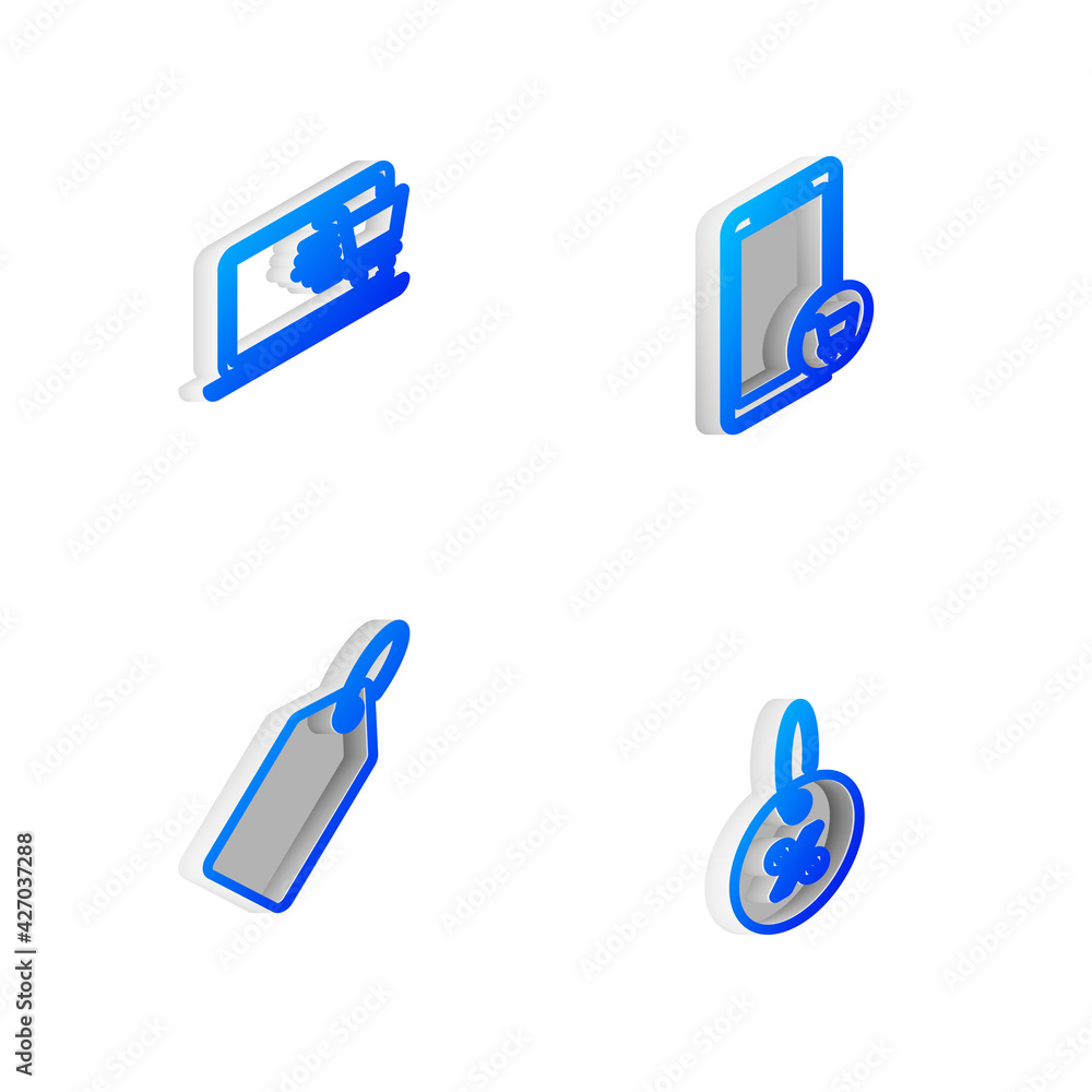 Set Isometric line Mobile and shopping cart, Shopping on laptop, Label template price tag and Discount percent icon. Vector Set Isometric line Mobile and shopping cart, Shopping on laptop, Label template price tag and Discount percent icon. Vector