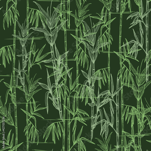 Fototapeta Naklejka Na Ścianę i Meble -  Seamless pattern of bamboo stems and leaves. Hand-drawn in pen and ink plant contours. Bamboo forest on dark green background. 
Design for textile, package, wallpaper, decorative print.